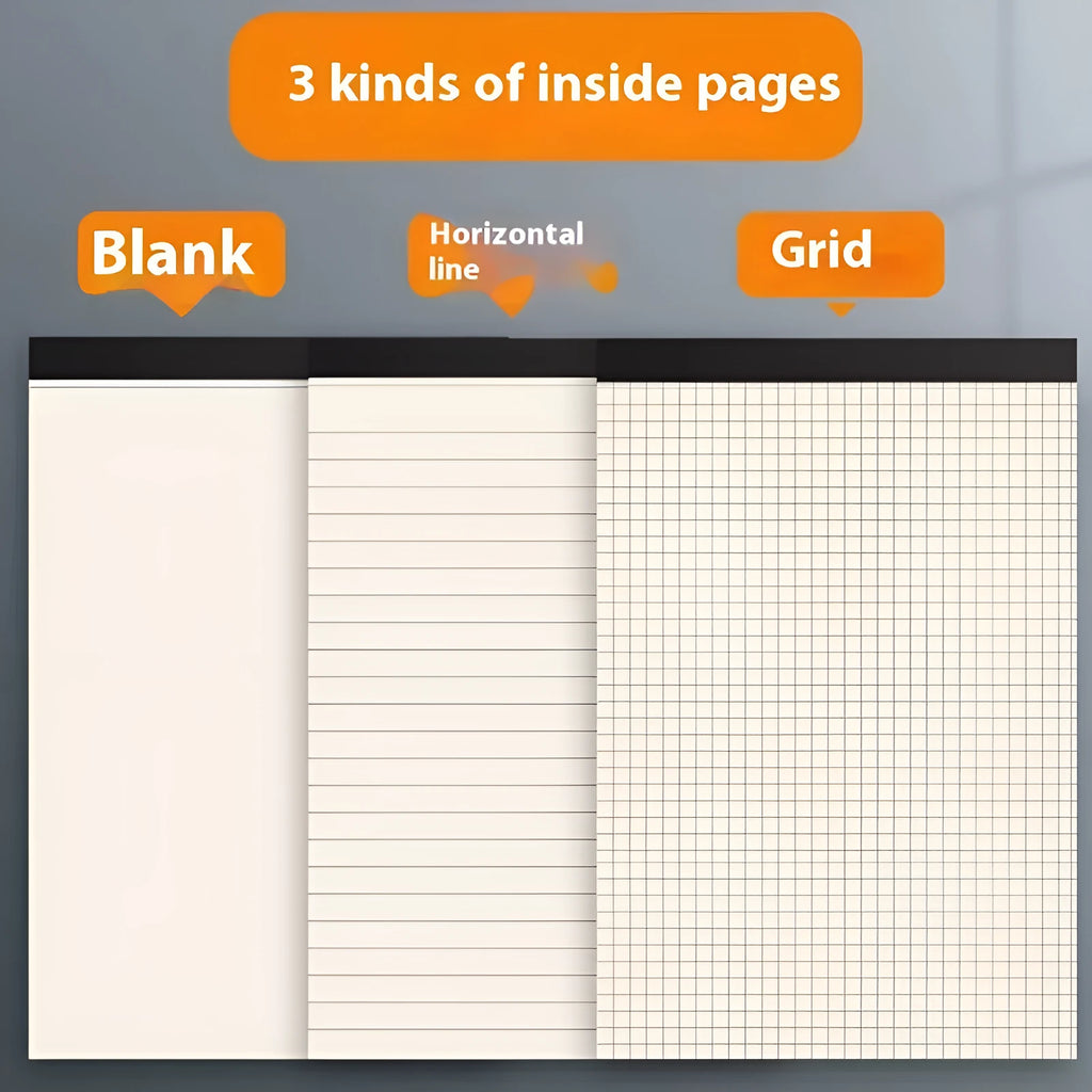 Tearable A5, B5 and A4 writing pads with 80 sheets, showing horizontal line, grid, and blank page options.