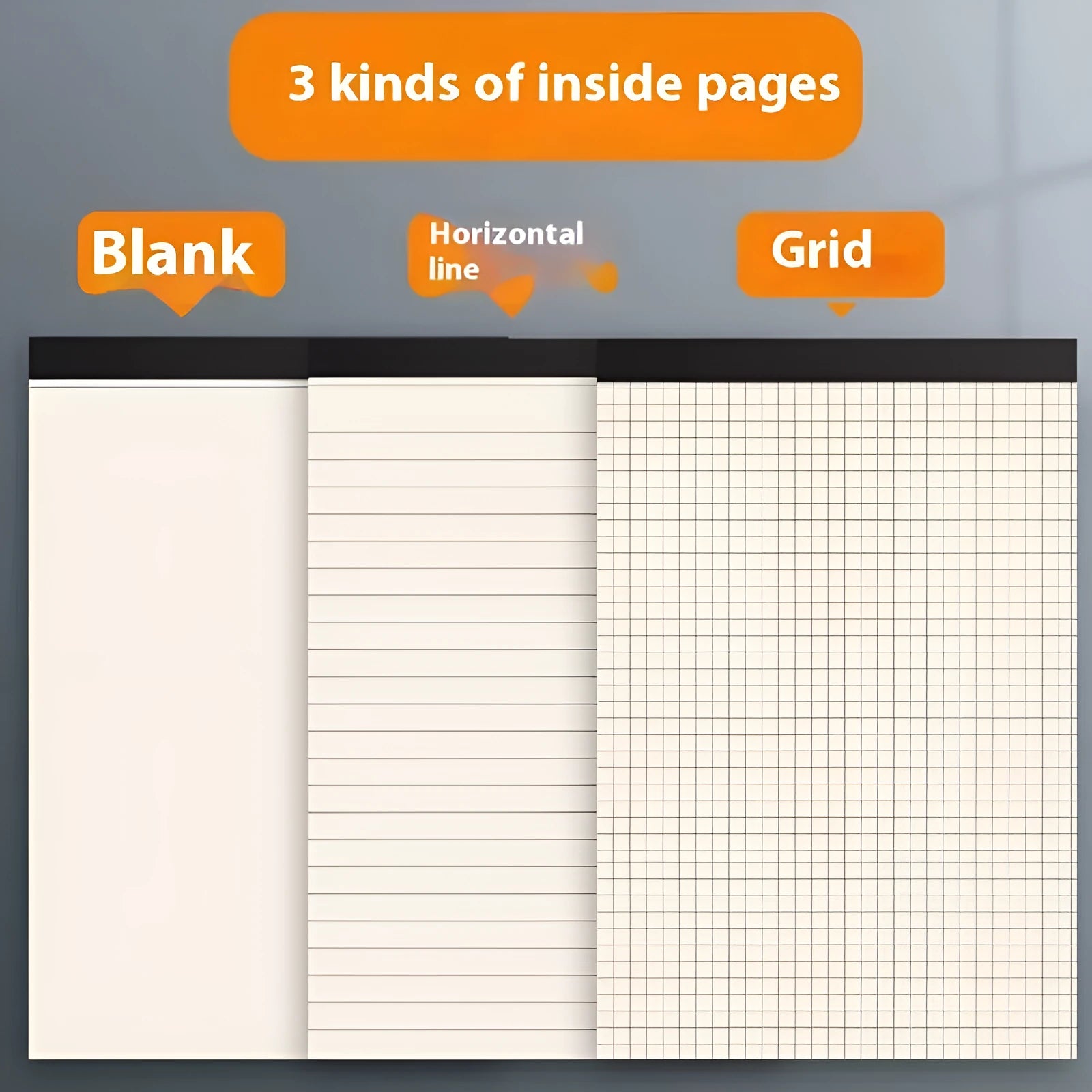 Tearable A5, B5 and A4 writing pads with 80 sheets, showing horizontal line, grid, and blank page options.