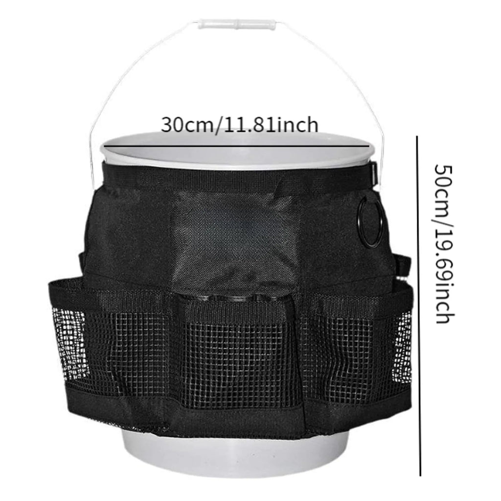Black cylindrical polyester storage bag hanging on 5 gallon barrel with tools organised inside