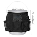 Black cylindrical polyester storage bag hanging on 5 gallon barrel with tools organised inside