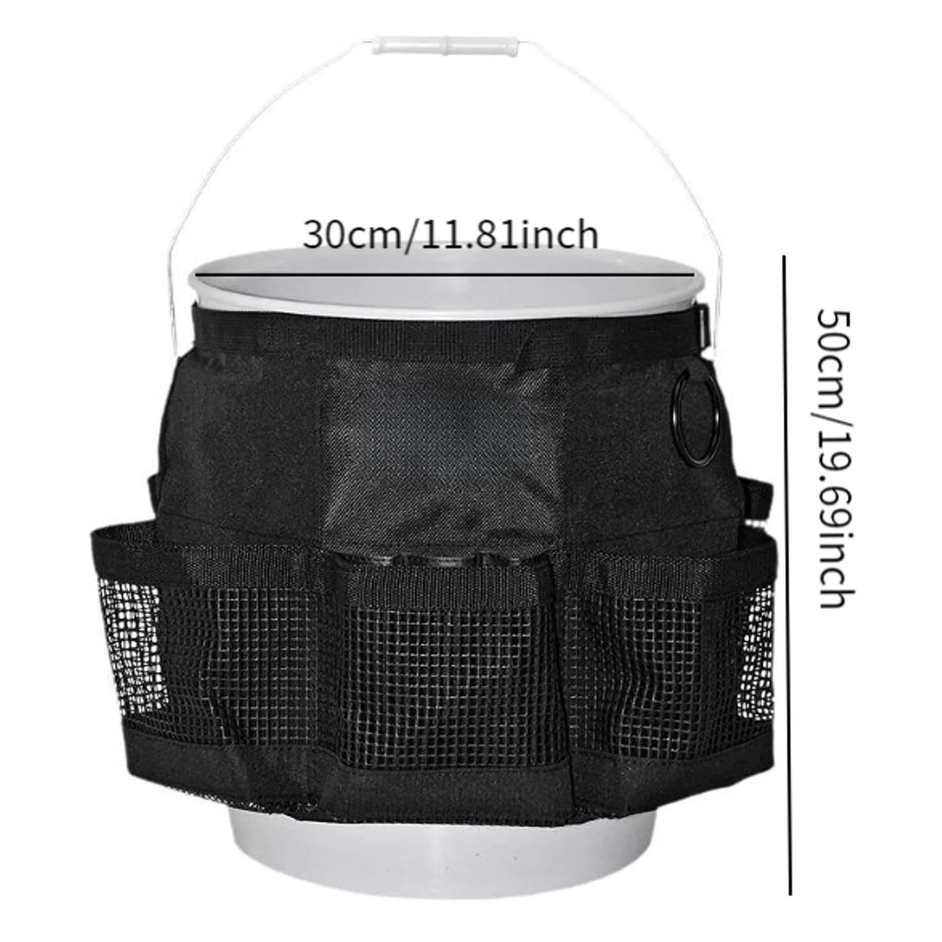 Black cylindrical polyester storage bag hanging on 5 gallon barrel with tools organised inside
