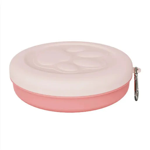 Collapsible silicone dog bowl in light pink shown folded and unfolded for portable pet feeding
