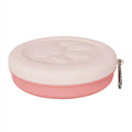 Collapsible silicone dog bowl in light pink shown folded and unfolded for portable pet feeding