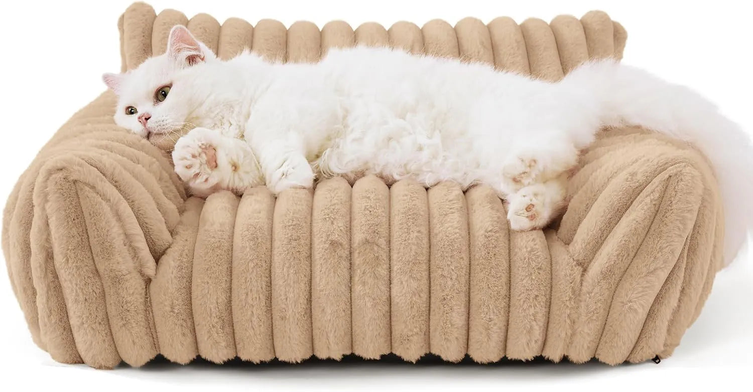 Bedsure fluffy cat couch for indoor cats with three-sided backrest and soft corduroy fleece cover in beige
