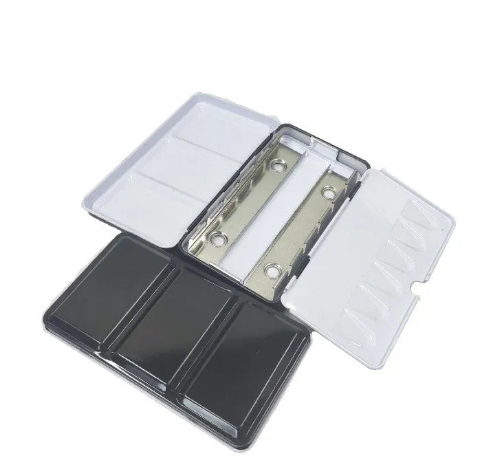 Solid square tinplate watercolour paint box for artist pigments in three size options.