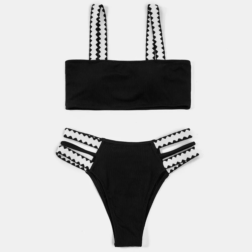Women's black polyester hollowed-out split swimsuit for swimming and wading