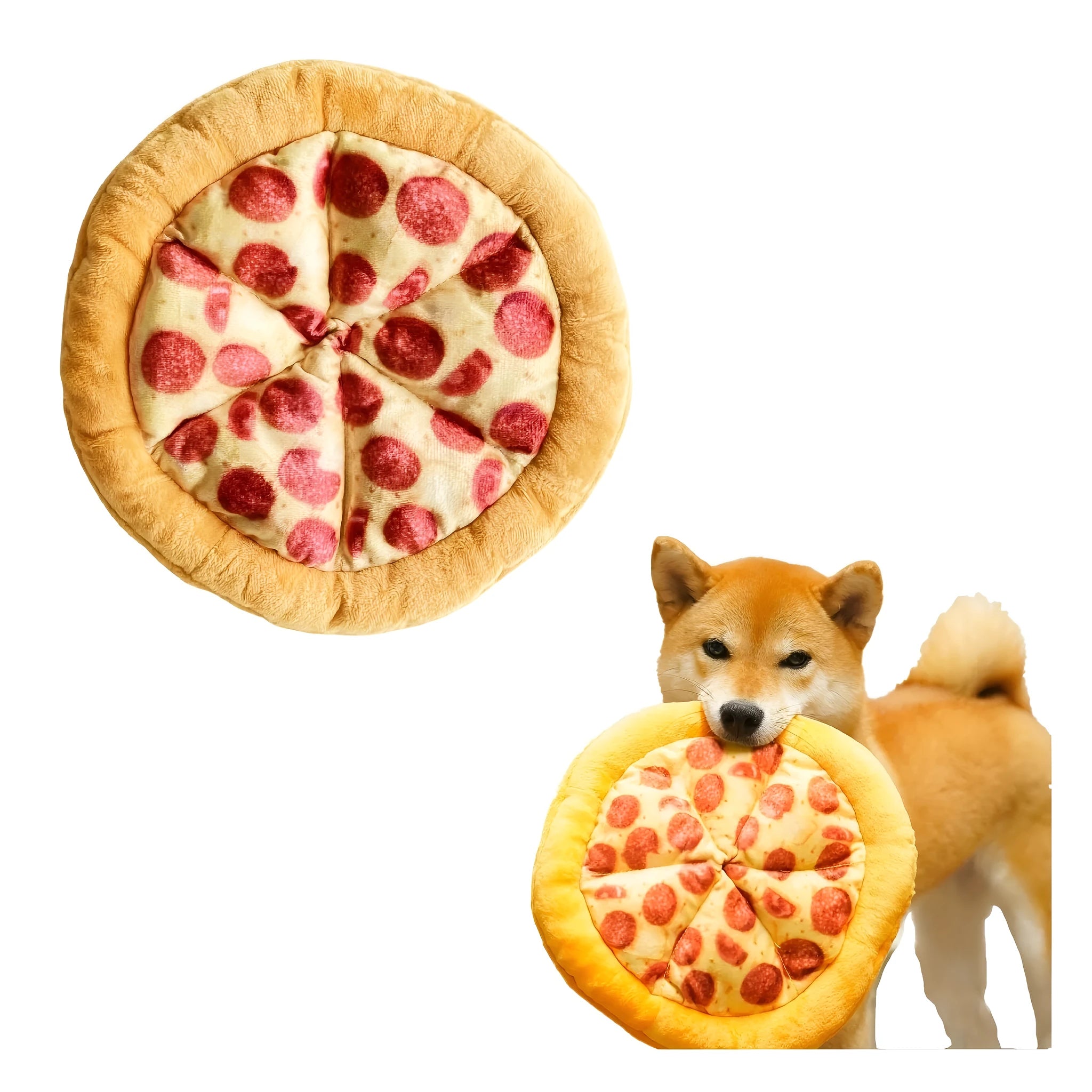 Yellow plush pizza-shaped dog toy with a squeaker inside for chewing and interactive play.