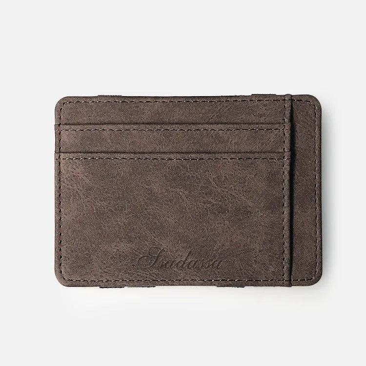 Korean style matte leather magic wallet in light gray with visible sewing lines and coin pocket