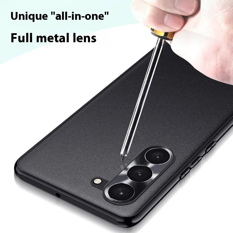 Leather phone case with metal lens ring and leather pattern for Samsung, available in Athens Black