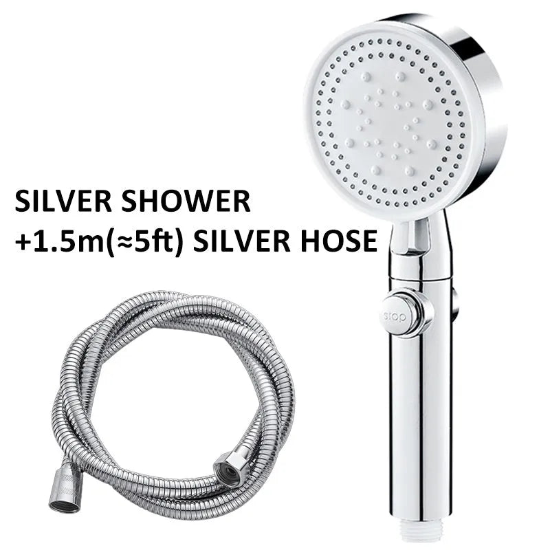ABS pressurised 5-speed handheld shower head with large water output, 1.5m encrypted hose, in black finish