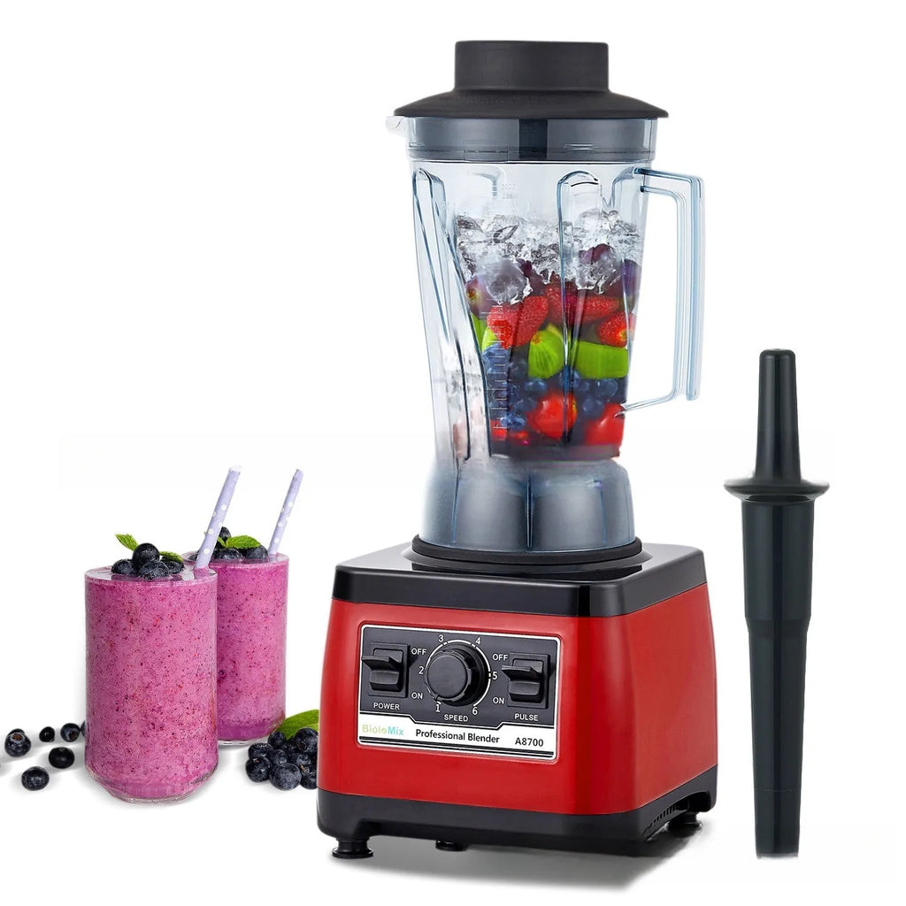 Red commercial blender with 2L stainless steel jug and 2200W motor for professional kitchen use