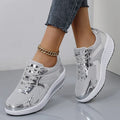 Women's gold breathable mesh elevator sneakers with thick platform sole, cross strap, and round toe