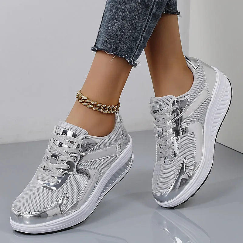 Women's gold breathable mesh elevator sneakers with thick platform sole, cross strap, and round toe