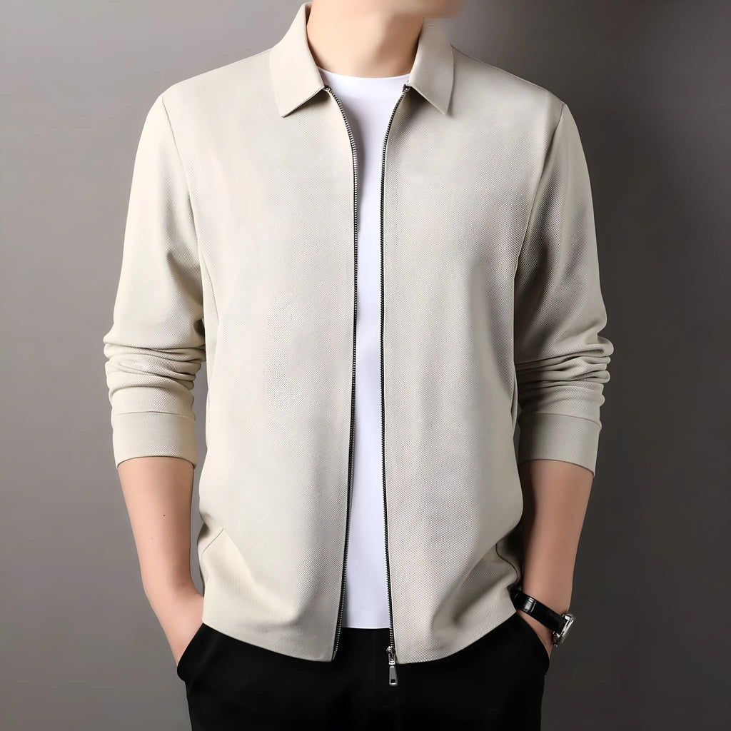 Men's polyester casual business jacket with straight hem design available in black, dark grey and apricot colours