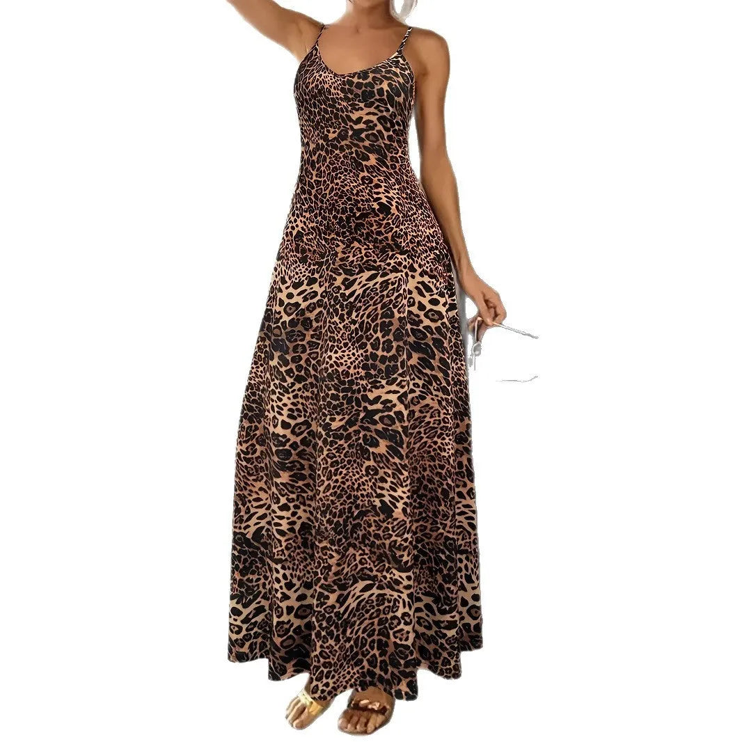 Dark brown leopard print casual dress with sleeveless sling design and round neck