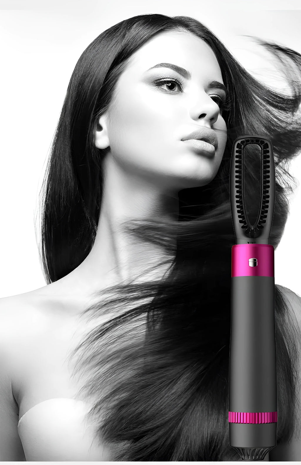 Dyson grey 5-in-1 hair dryer brush styling tool with multiple brush attachments on white background