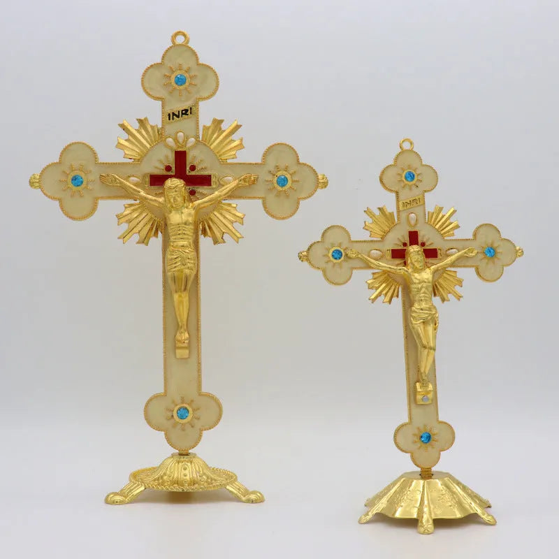 Micro-inlaid metal ornament in gold blue diamond finish, zinc alloy die cast, 30x19cm geometry shape