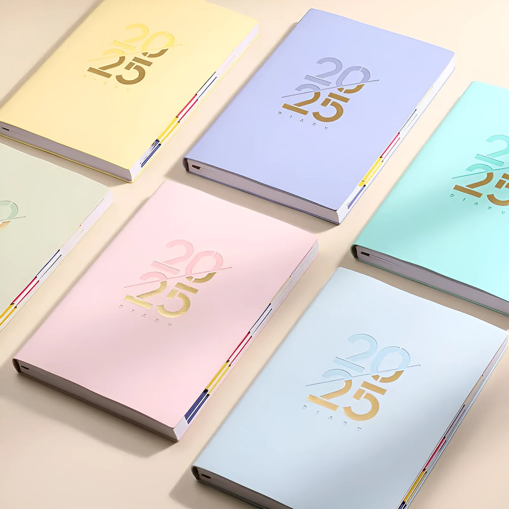 Soft faux leather A5 schedule book with 150 pages open on desk