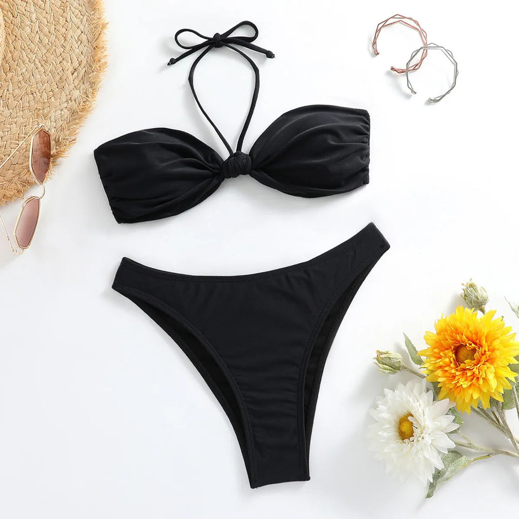 Black polyester bikini set with lace-up tube top and briefs bottom for women