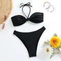Black polyester bikini set with lace-up tube top and briefs bottom for women