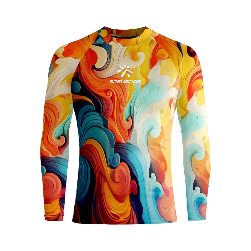 Long sleeve hooded rash guard for men in Lycra fabric, quick-drying, sizes XS to 6XL for diving and surfing.