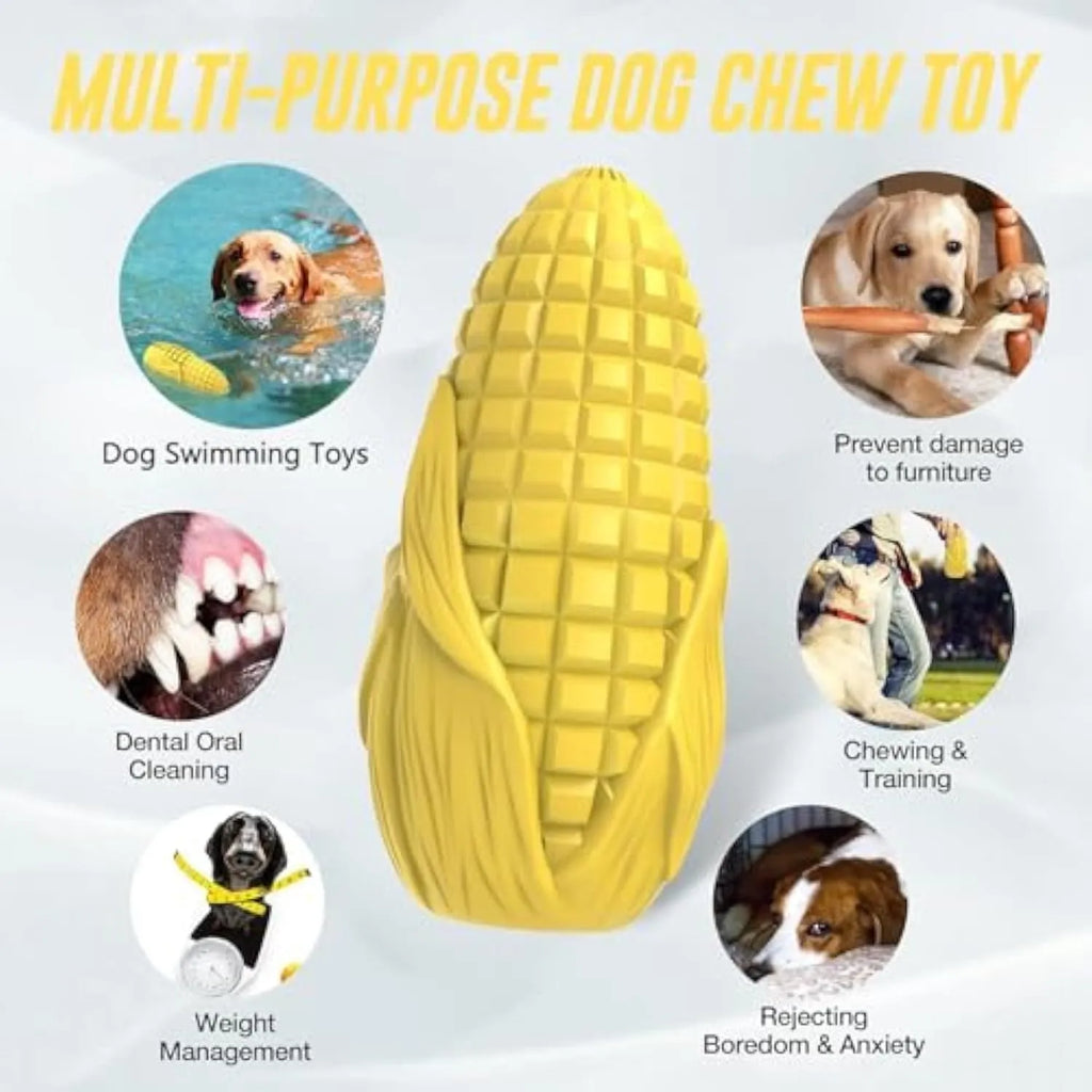Blue and yellow corn-shaped dog chew toy with surface grooves for aggressive chewers