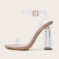 Apricot coloured women's high heel sandals with a glass heel, round toe, and buckle fastening.