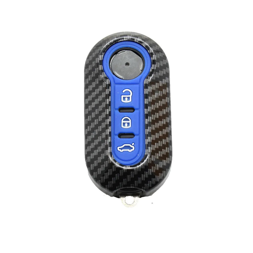 Fiat 500 Boyue car key shell in carbon fibre black ABS plastic, showing button layout.