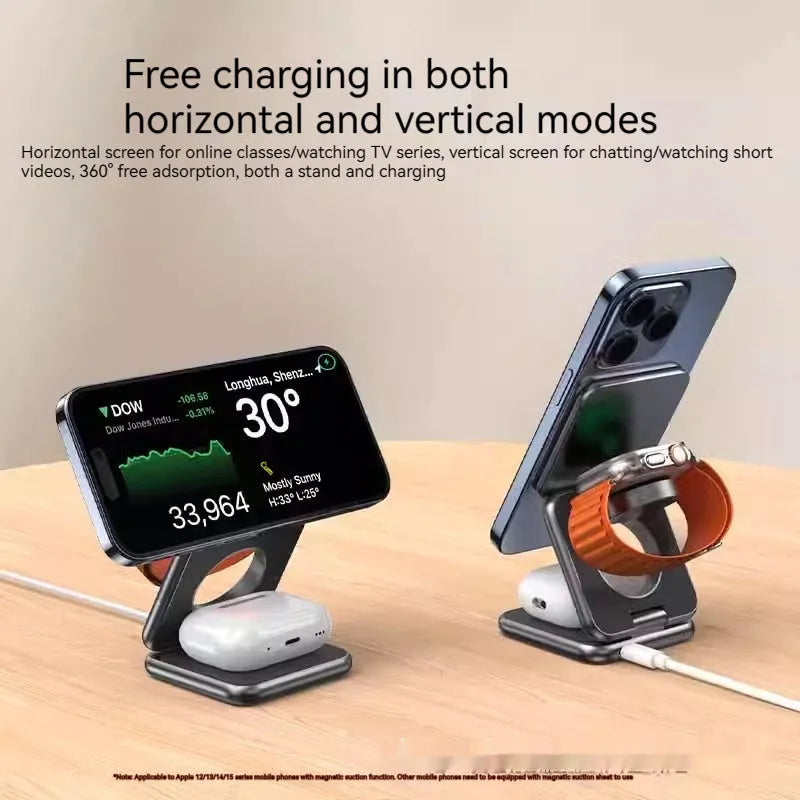 Foldable magnetic wireless charger in black with smartphone placed on charging pad