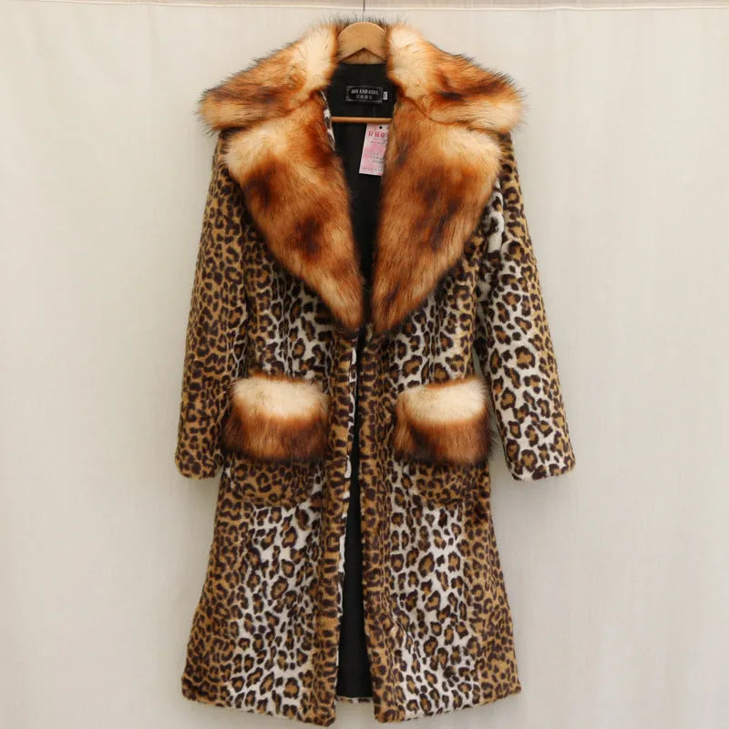 Women's long leopard print faux fur jacket with regular sleeves.