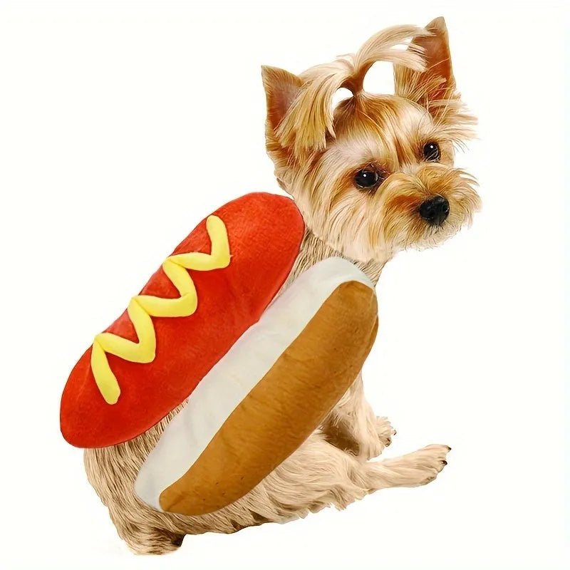 Funny hot dog costume suit on a small dog for pet cosplay and winter clothing.