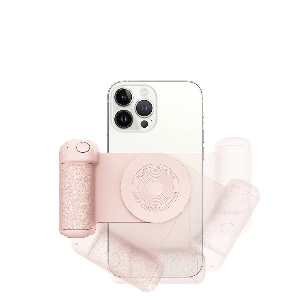 3-in-1 magnetic phone holder camera bracket with PU leather handle and rotatable stand, in black, on a table