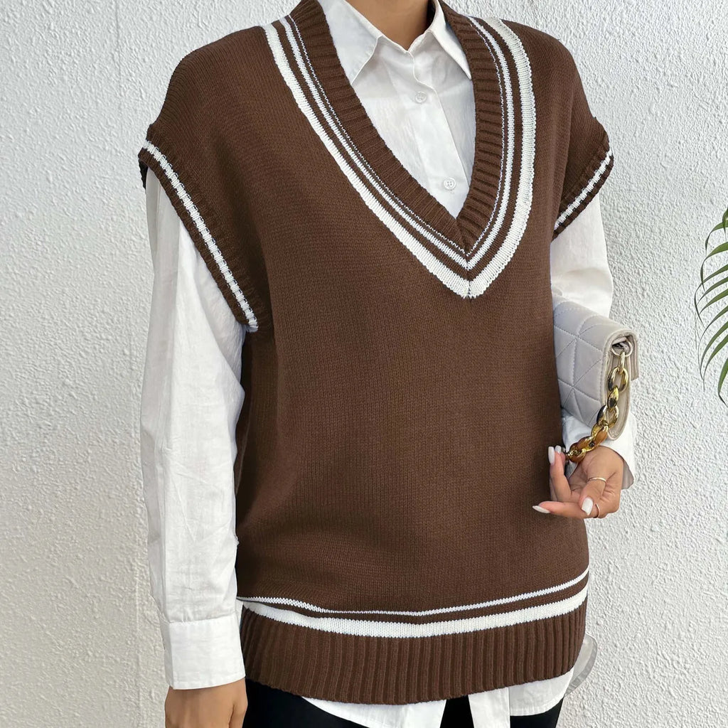Women's loose college style pullover vest sweater in blue, black, or coffee.