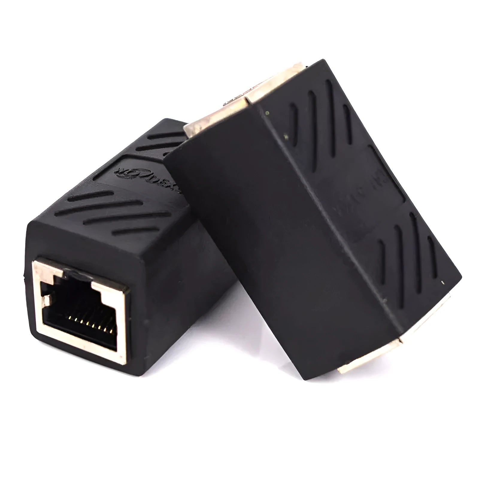 Black RJ45 network cable extender adapter showing connection ports for ethernet patch cables