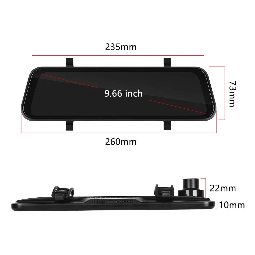 HD wired 9.66-inch driving recorder with touch screen, CarPlay, and Android Auto on a car windscreen