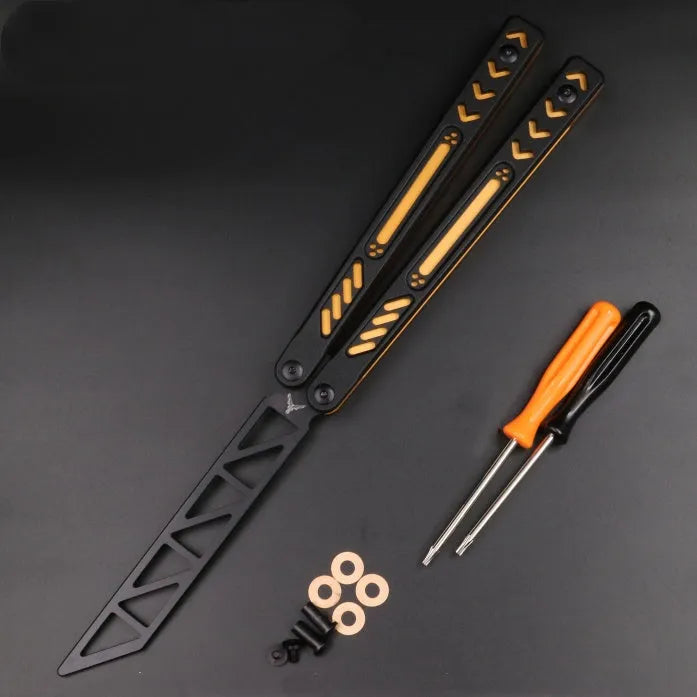 Unbladed ether butterfly knife with G10 anti-slip patch on aluminium handle, view of side profile