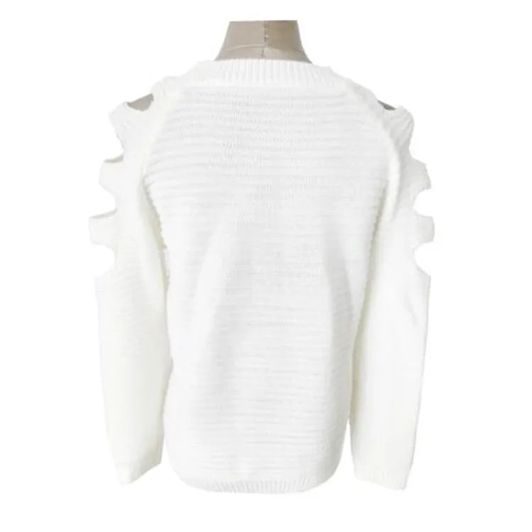 Women's white hollow-out crochet knit shirt with round neck and long sleeves