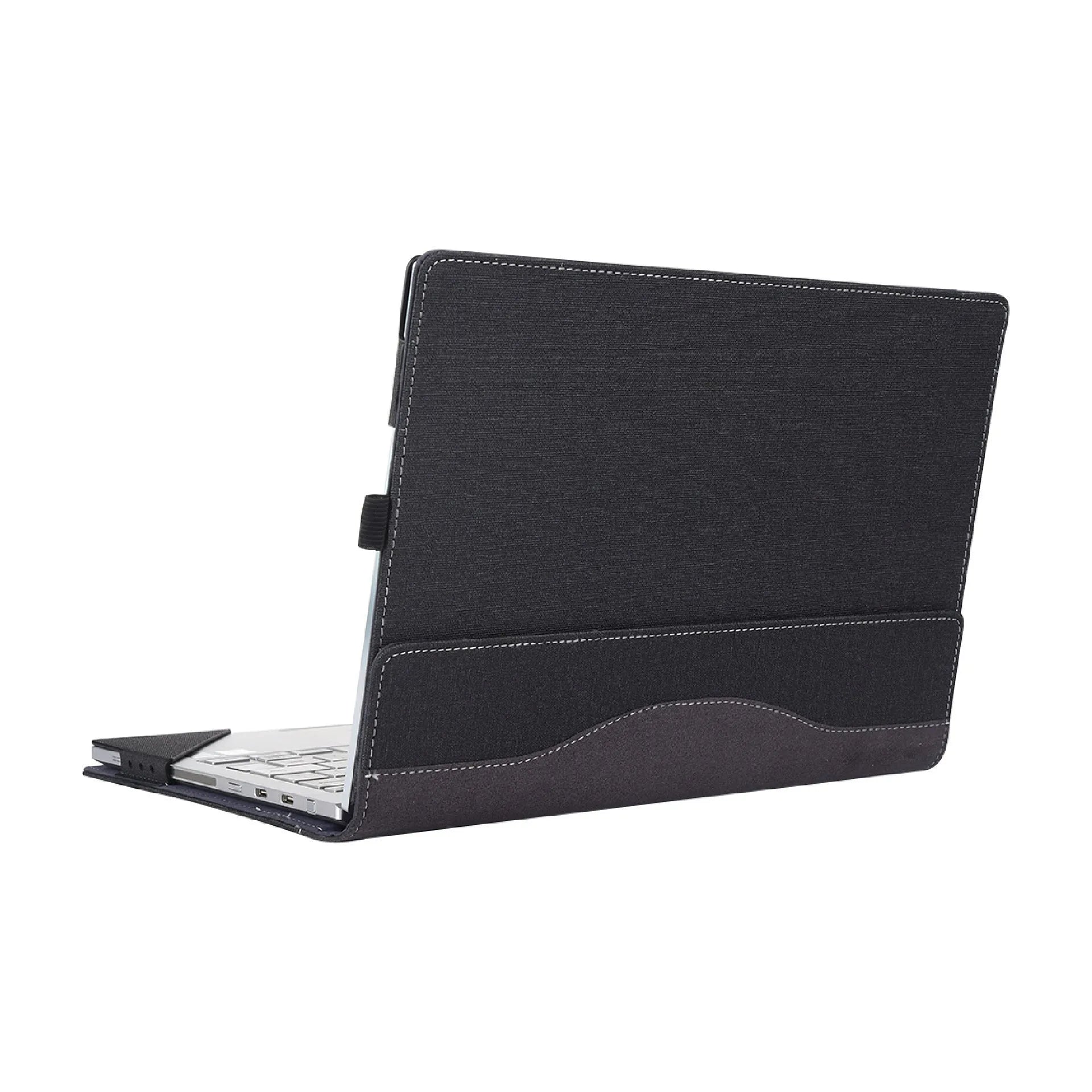 Black imitation leather Microsoft laptop protective sleeve with bracket design and Chinese craft fabric detailing