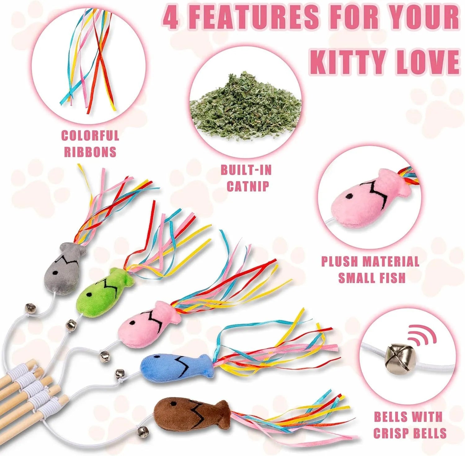 Cat wand toy with colourful ribbons, catnip fish, and bell on natural wooden handle
