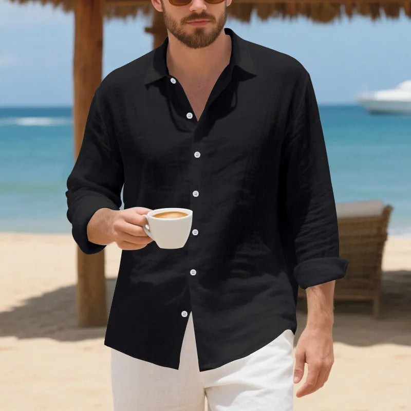 Men's loose-fit casual linen shirt in multiple colours on a hanger.