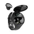 Black smart bracelet with detachable TWS earbuds showing colour screen display