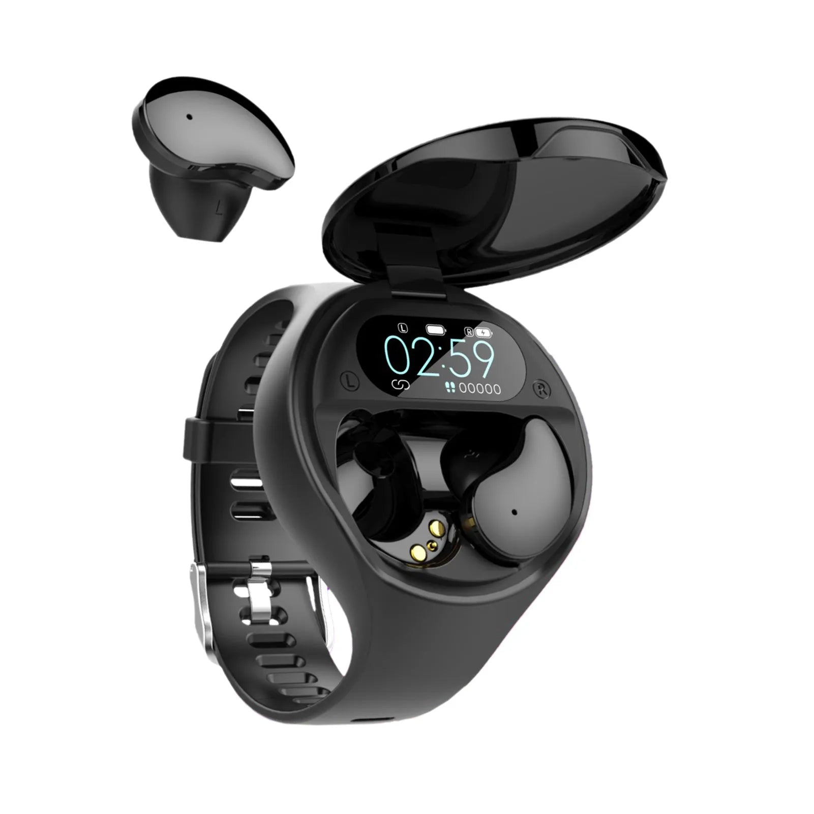 Black smart bracelet with detachable TWS earbuds showing colour screen display
