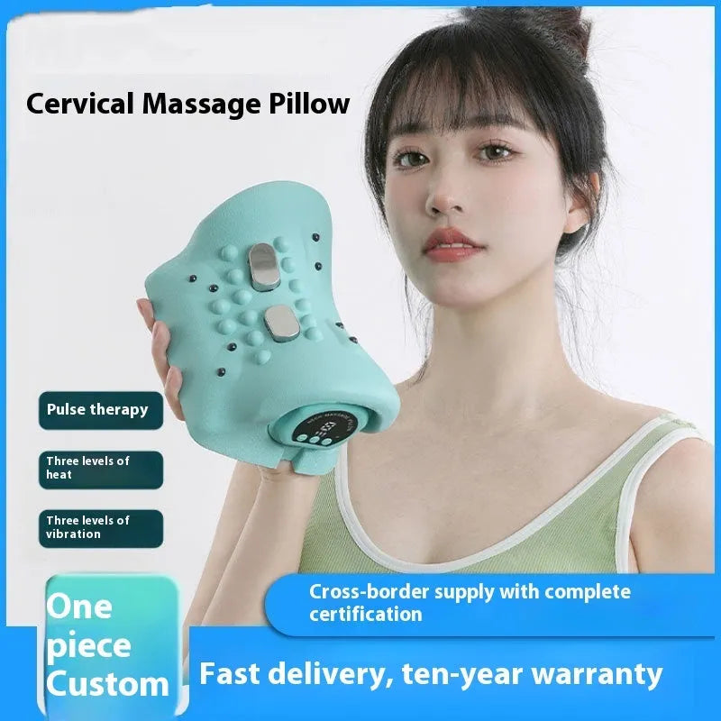 Blue-green cervical spine massage pillow with EMS pulse massage, hot compress and vibration functions