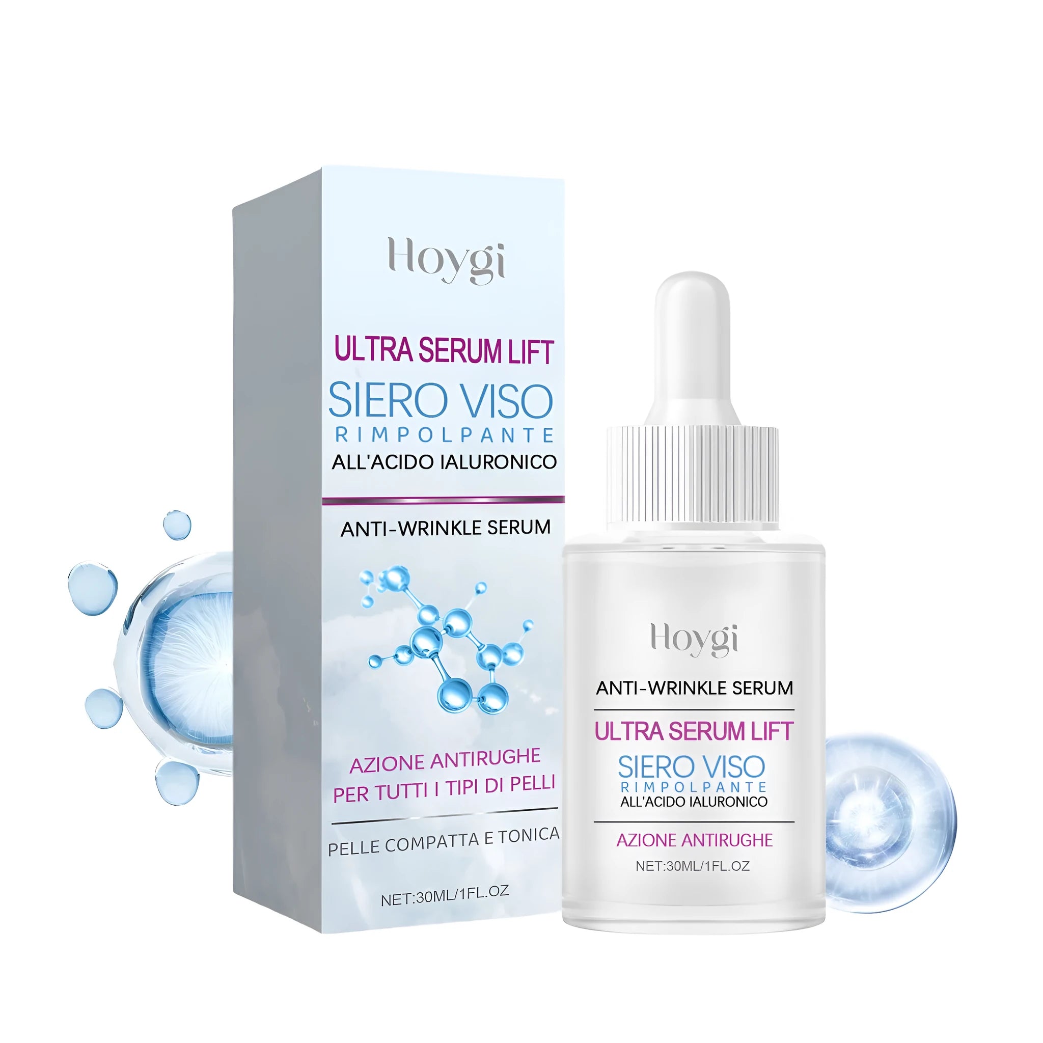 Hyaluronic acid anti wrinkle solution face serum in 30ml bottle with clear gel texture