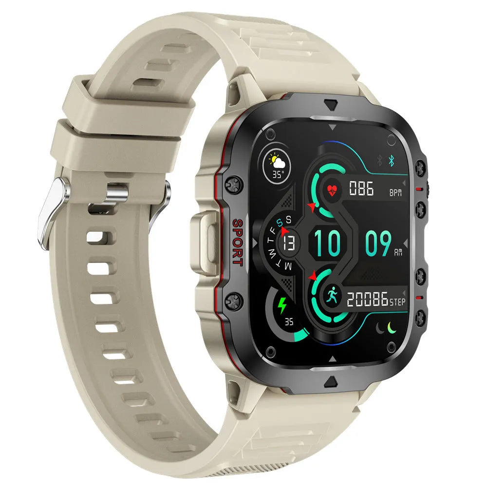 QX11 smartwatch in black or khaki with zinc alloy case, showing TFT screen displaying health data.