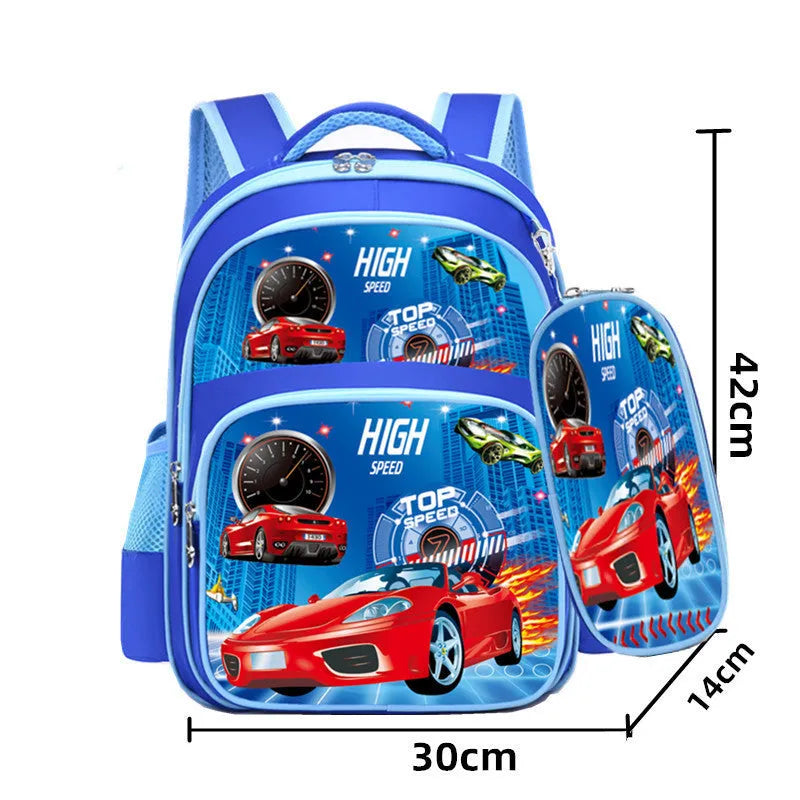 Small blue cartoon print school backpack for kids with included pencil case