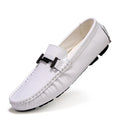 Men's black casual leather shoes with belt buckle detail and flat rubber sole