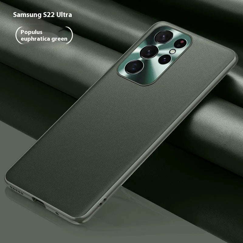 Leather phone case with metal lens ring and leather pattern for Samsung, available in Athens Black