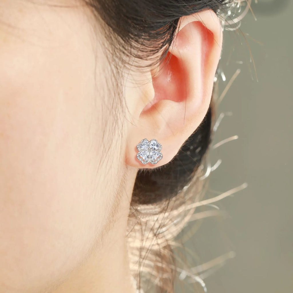 925 silver zircon earrings with four-leaf clover design and heart-shaped elements in white gold colour