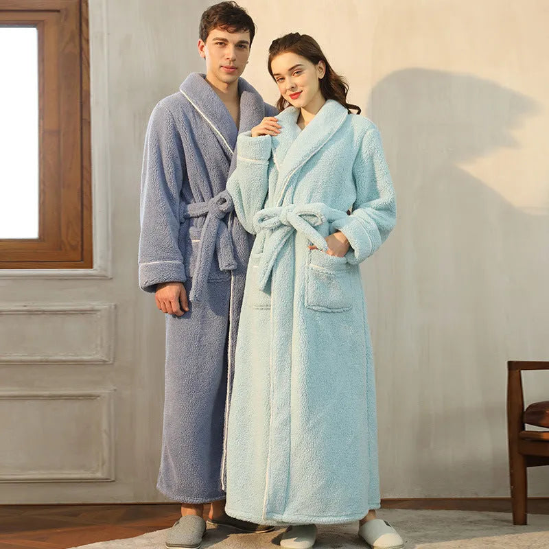 Super thick flannel winter bathrobe for a couple in red and grey, showing plus size fit.